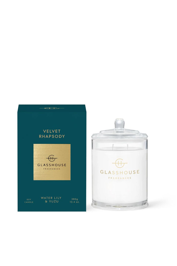Glasshouse Fragrances candle and packaging on a white background