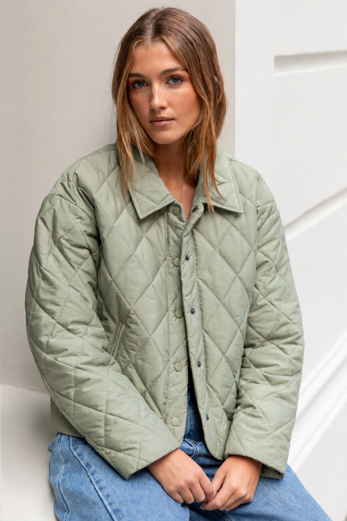Absolute Soft Khaki Collared Quilted Puffer Jacket