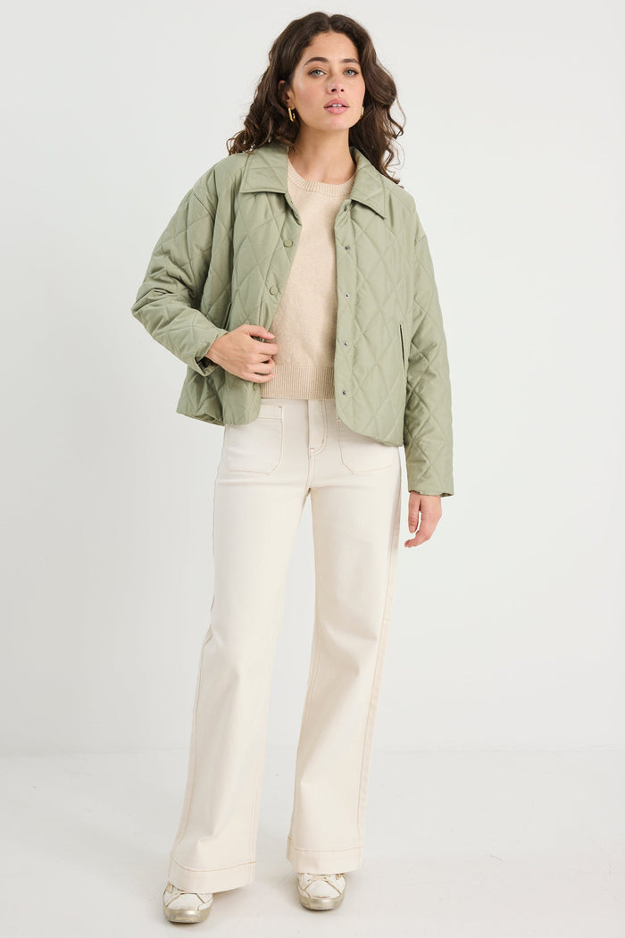 Absolute Soft Khaki Collared Quilted Puffer Jacket