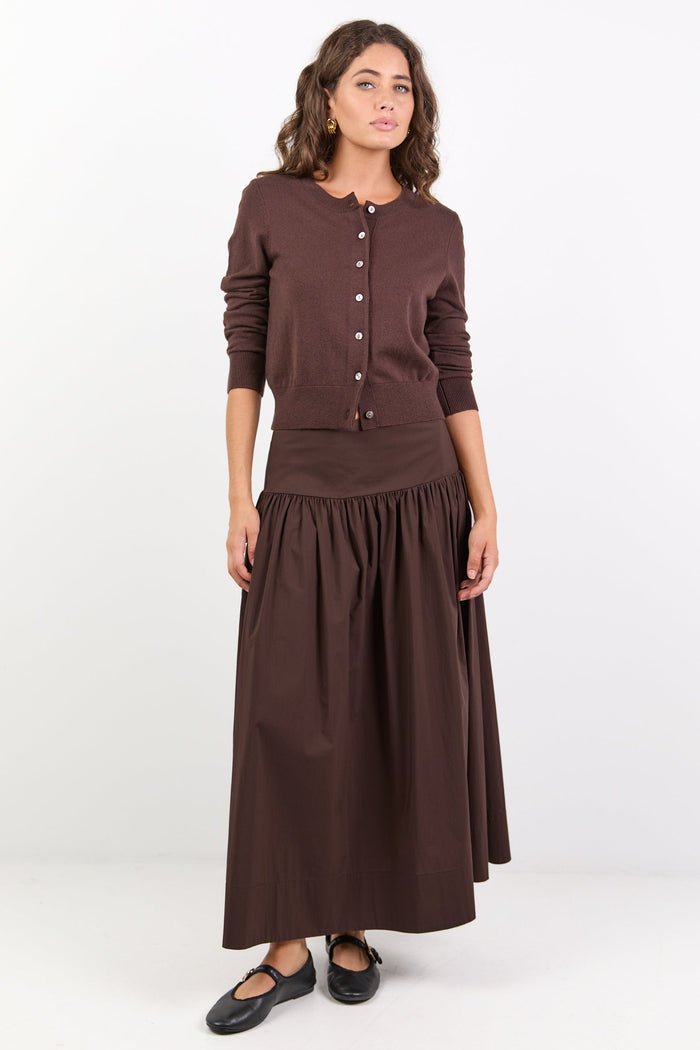 Affinity Chocolate Cotton Blend Shirred Back Tiered Maxi Skirt