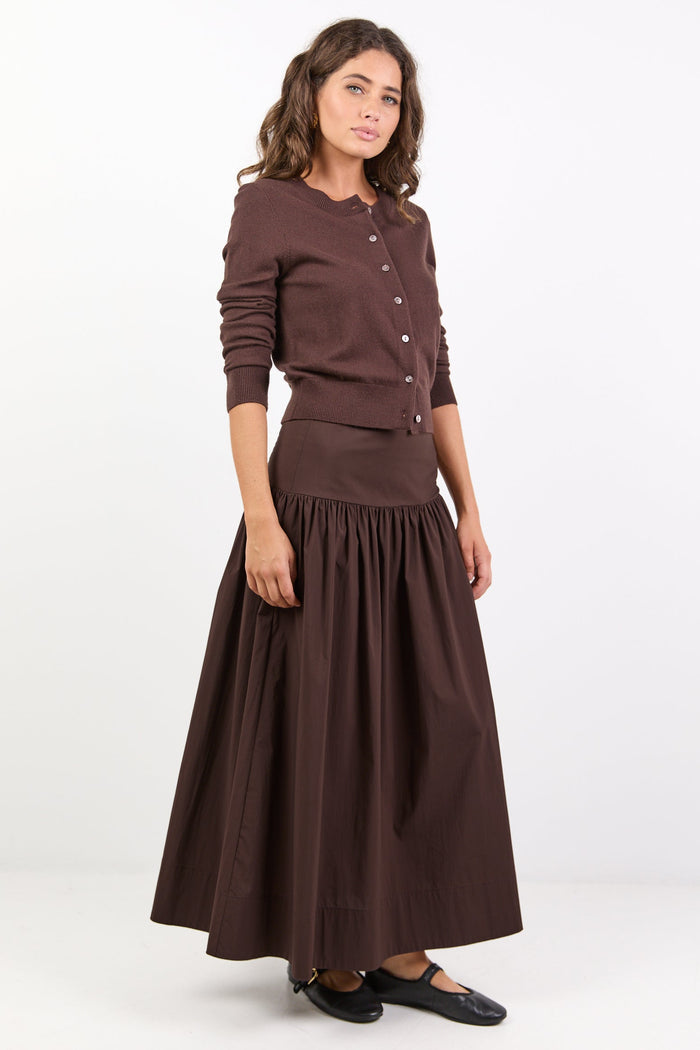 Affinity Chocolate Cotton Blend Shirred Back Tiered Maxi Skirt