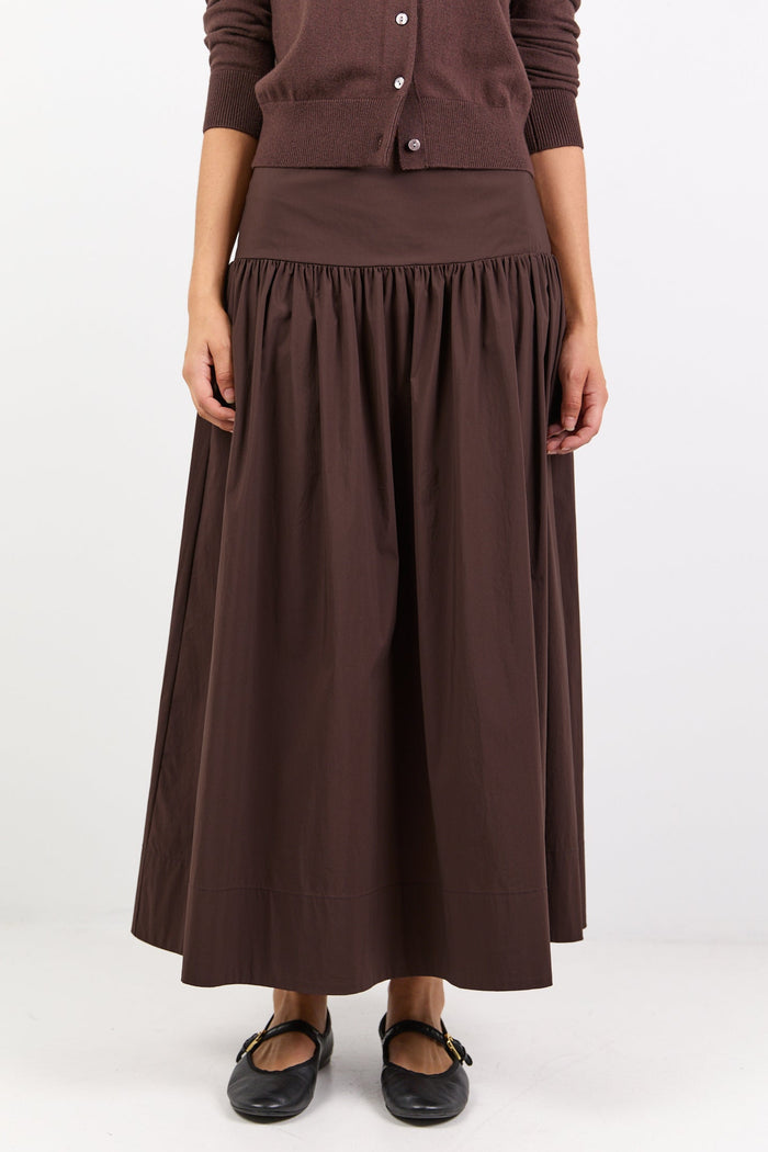 Affinity Chocolate Cotton Blend Shirred Back Tiered Maxi Skirt