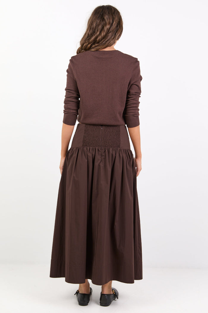 Affinity Chocolate Cotton Blend Shirred Back Tiered Maxi Skirt