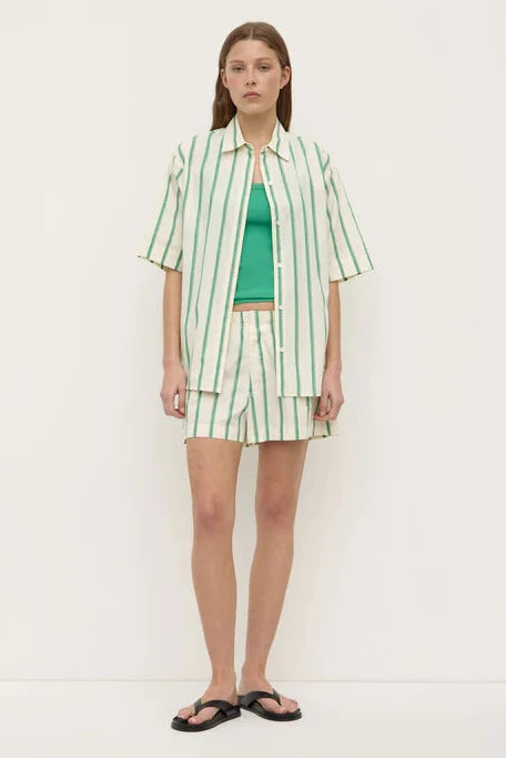 Woman wearing a Agnes Stripe Short Sleeve Shirt