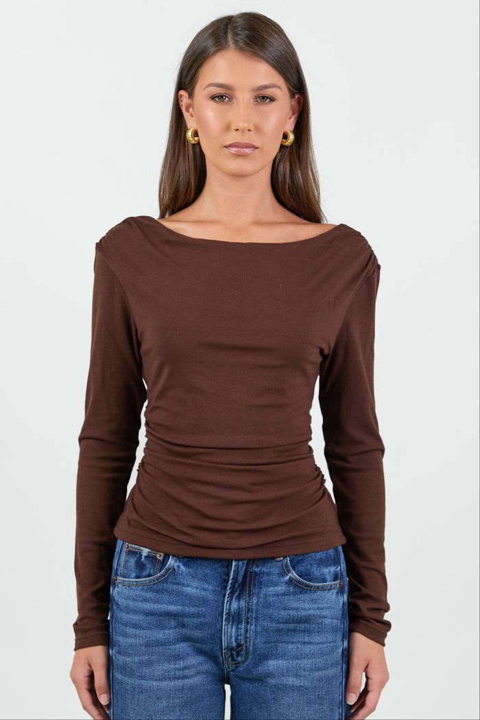 Alley Chocolate Rib Asymmetric Neck LS Top