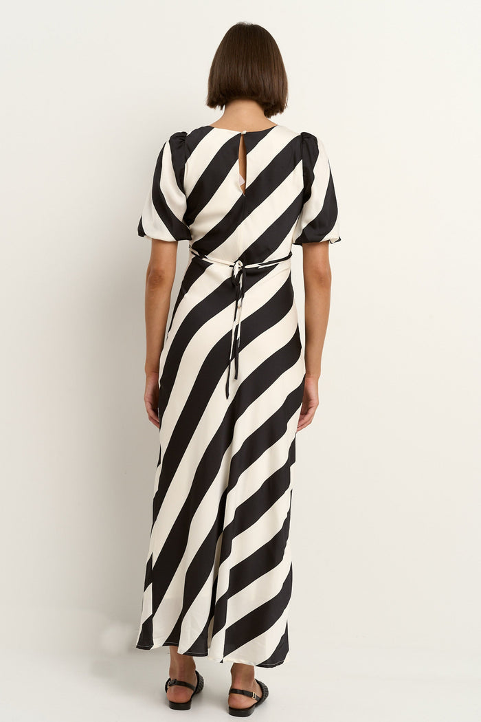 Amora Black White Stripe SS Bias Midi Dress
