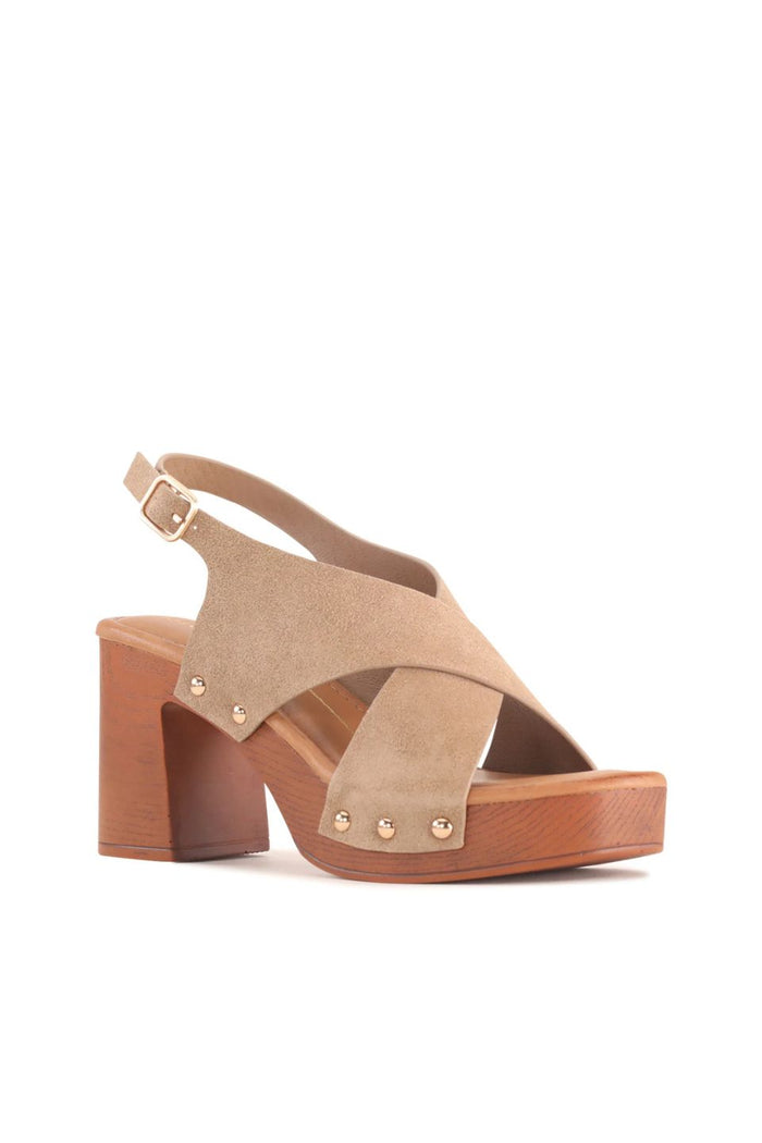 Annabella Taupe Suede Cross Over Mid Heel