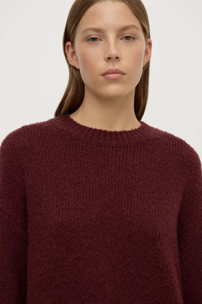 Woman wearing a burgundy sweater against a plain background