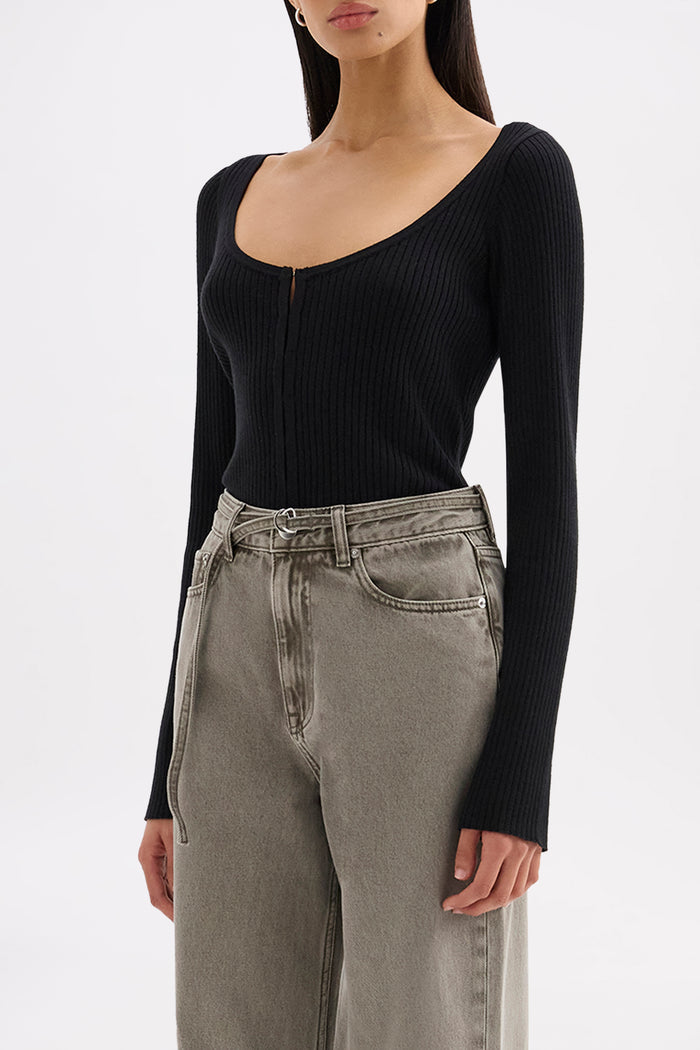 Arlotte Black Soft Rib Cotton Blend Knit Cardigan