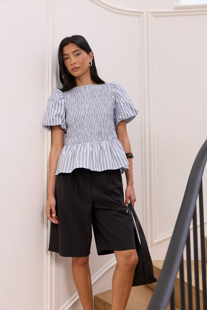 Artifact Pale Blue Stripe Shirred Bubble Sleeve Top