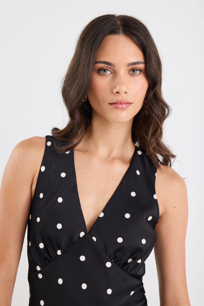 Aston Black Large Polka Dot Satin Bias Flared Maxi Dress