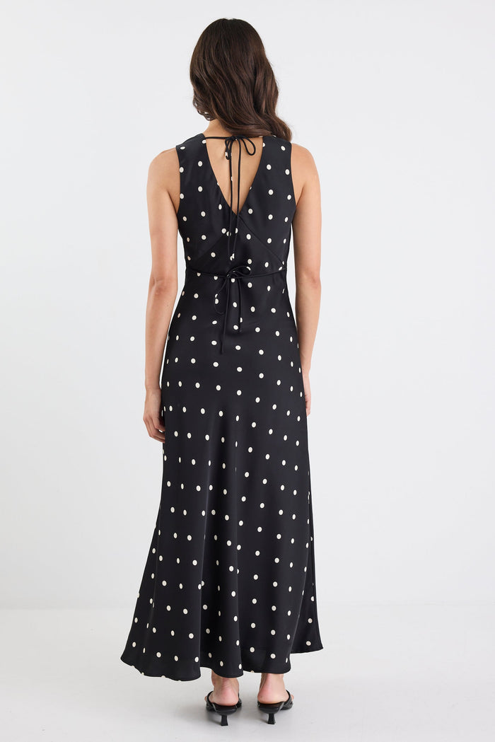 Aston Black Large Polka Dot Satin Bias Flared Maxi Dress