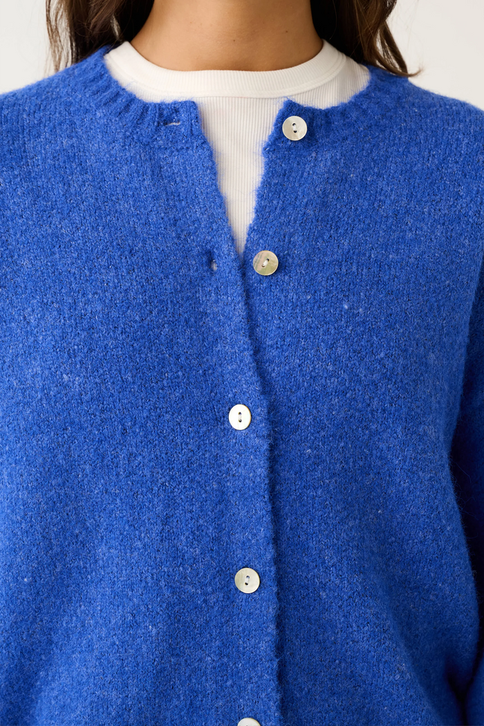 Blue cardigan with white buttons worn by a person, on a plain background