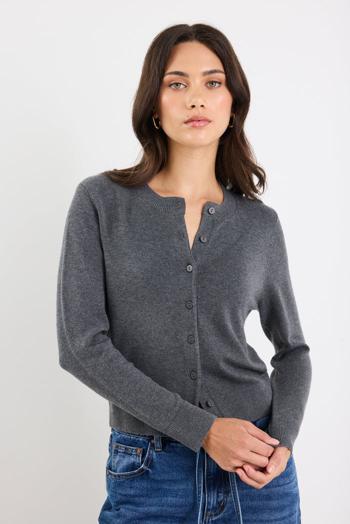 Autograph Charcoal Soft Fine Gauge Crewneck Cardigan