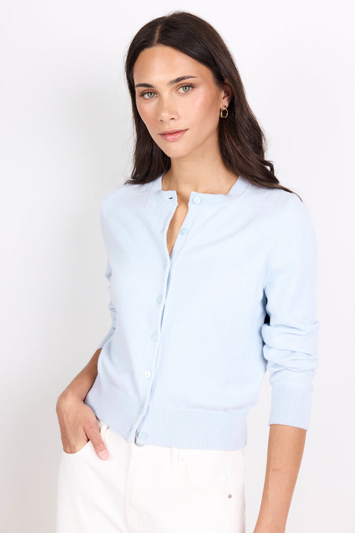 Autograph Ice Blue Soft Fine Gauge Crewneck Cardigan