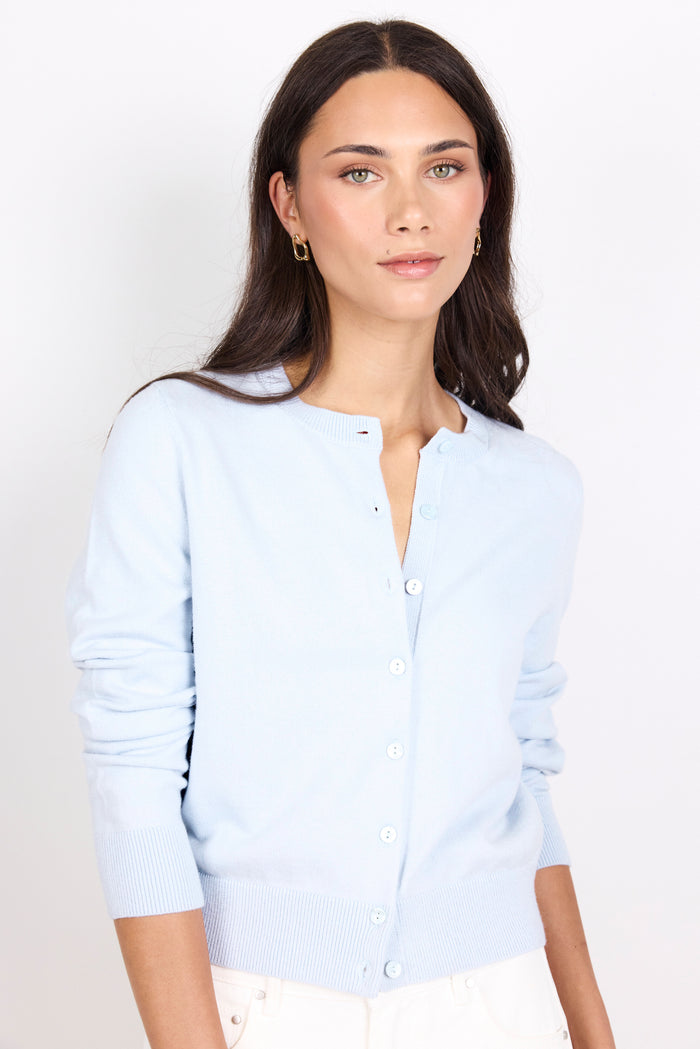 Autograph Ice Blue Soft Fine Gauge Crewneck Cardigan