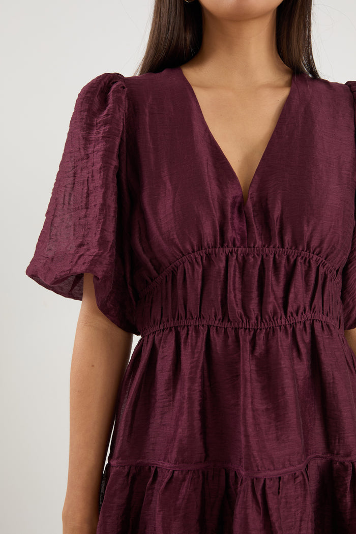 Axel Burgundy Plum Puff Sleeve V Neck Mini Dress