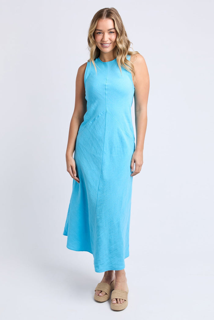 Woman wearing a blue dress