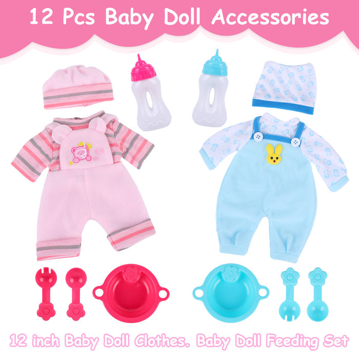 Babeside 12" Reborn Baby Doll Clothes 12-Pcs Blue And Pink Set For Baby Doll Lovely Bear And Bunny