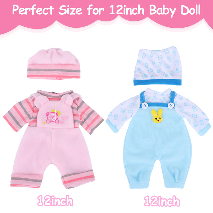 Babeside 12" Reborn Baby Doll Clothes 12-Pcs Blue And Pink Set For Baby Doll Lovely Bear And Bunny