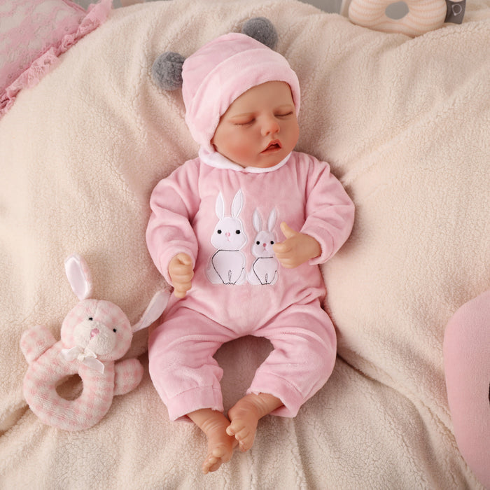 Babeside 17" Sleeping Newborn Baby Girl Pink Bunny Jumpsuit Twinnie
