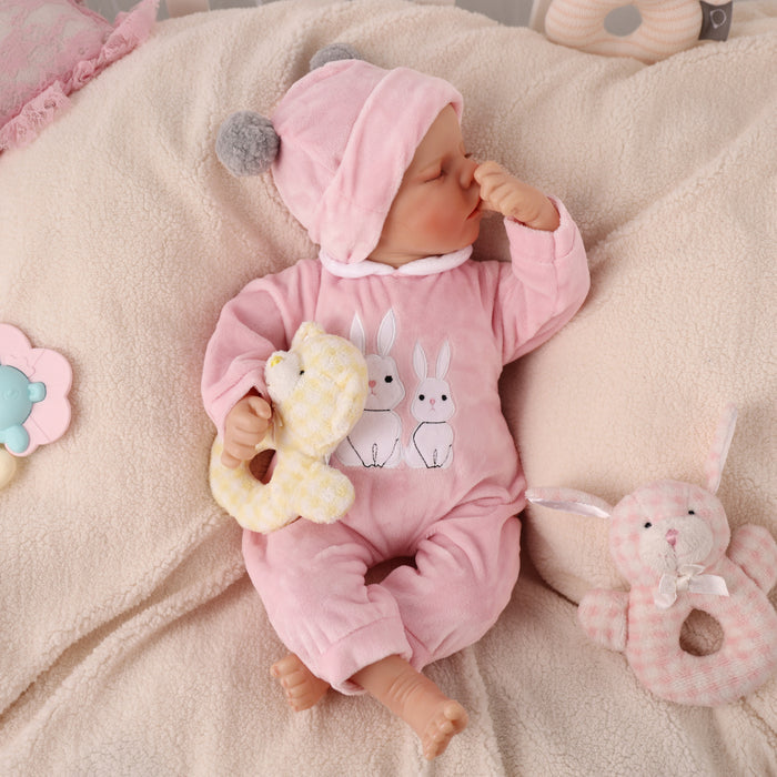 Babeside 17" Sleeping Newborn Baby Girl Pink Bunny Jumpsuit Twinnie