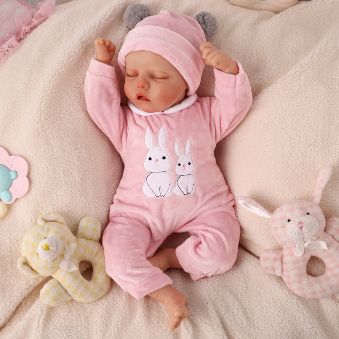 Babeside 17" Sleeping Newborn Baby Girl Pink Bunny Jumpsuit Twinnie