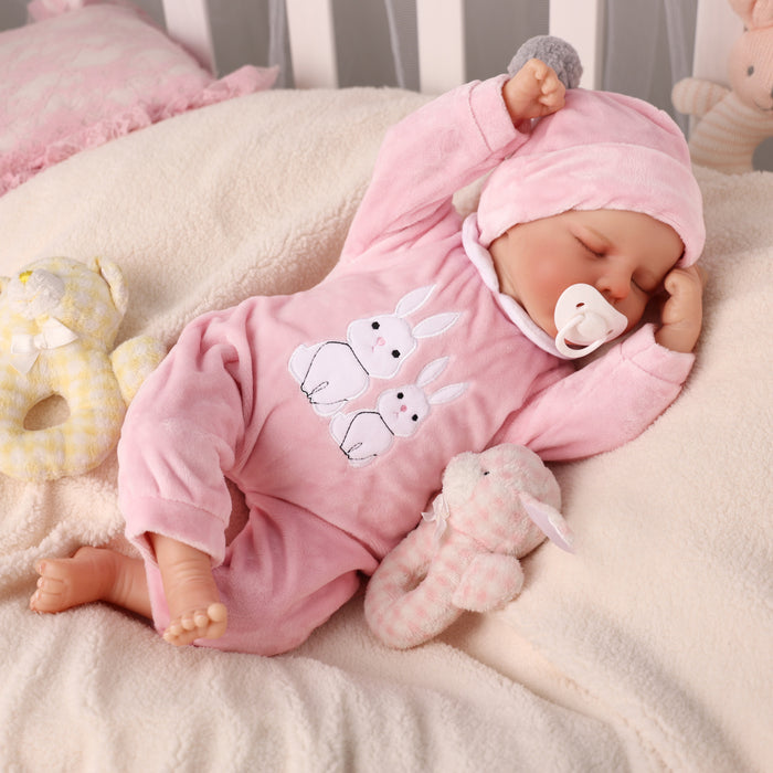 Babeside 17" Sleeping Newborn Baby Girl Pink Bunny Jumpsuit Twinnie