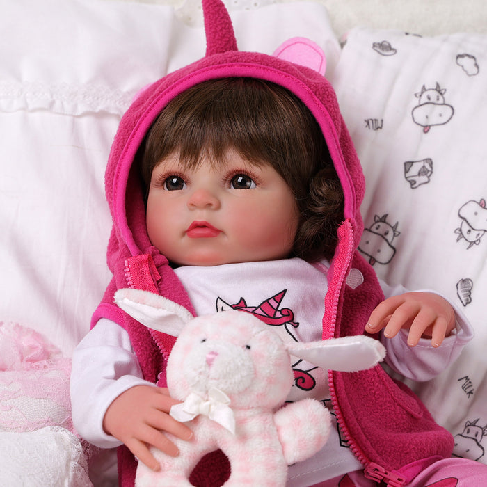 Babeside Ama 20'' Reborn Baby Doll Girl Awake Long Brown Hair Lovely Lifelike Pink Red Love Heart