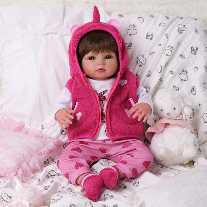 Babeside Ama 20'' Reborn Baby Doll Girl Awake Long Brown Hair Lovely Lifelike Pink Red Love Heart