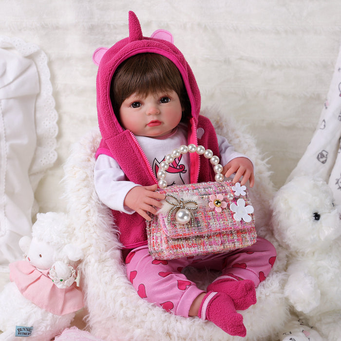 Babeside Ama 20'' Reborn Baby Doll Girl Awake Long Brown Hair Lovely Lifelike Pink Red Love Heart