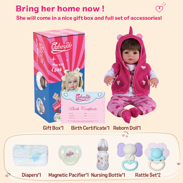 Babeside Ama 20'' Reborn Baby Doll Girl Awake Long Brown Hair Lovely Lifelike Pink Red Love Heart