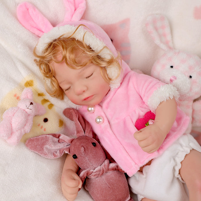 Babeside Aurora 12'' Full Silicone Reborn Baby Doll Sleeping Girl Cute Fluffy Pink Rabbit