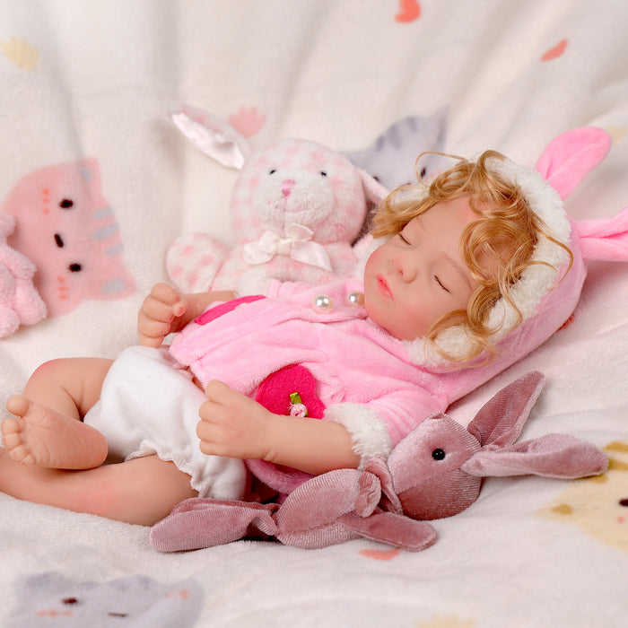 Babeside Aurora 12'' Full Silicone Reborn Baby Doll Sleeping Girl Cute Fluffy Pink Rabbit