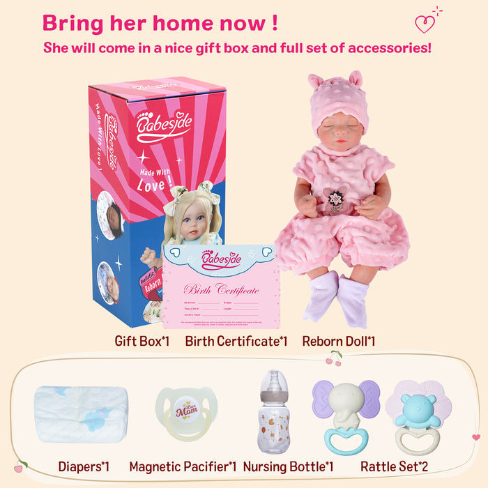 Babeside Aurora 16'' Full Silicone Reborn Baby Doll Girl Sleeping Adorable Pink Bunny