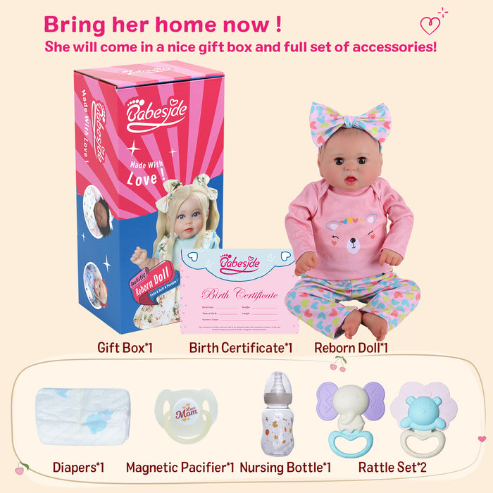 Babeside Bailyn 20" Open & Close Eyes Realistic Reborn Baby Doll Adorable Girl Happy Floral Bear Pink
