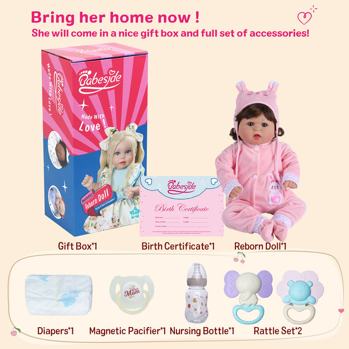 Babeside Bailyn 20'' Realistic Reborn Baby Doll Blue Eyes Awake Girl Winter Pink Rabbit