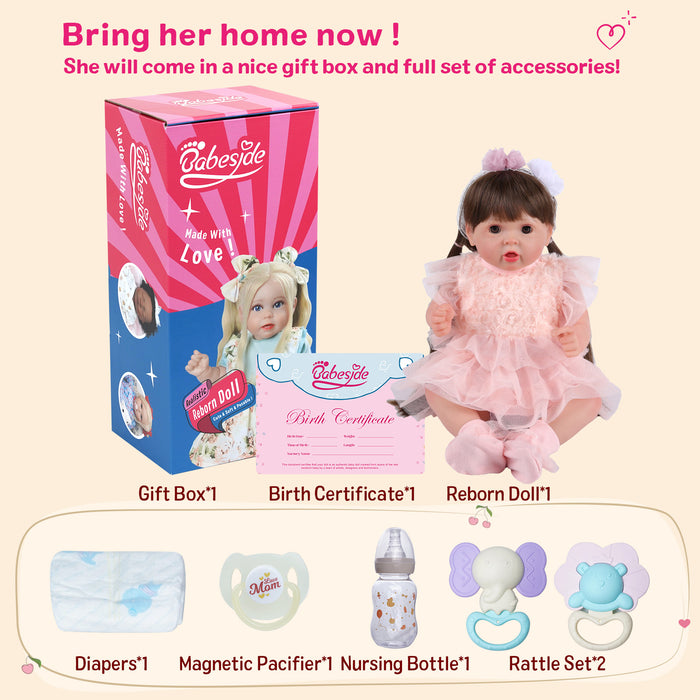 Babeside Brenda 20'' Reborn Baby Dolls Girl Open & Close Eyes Beautiful Long Brown Hair Asleep & Awake