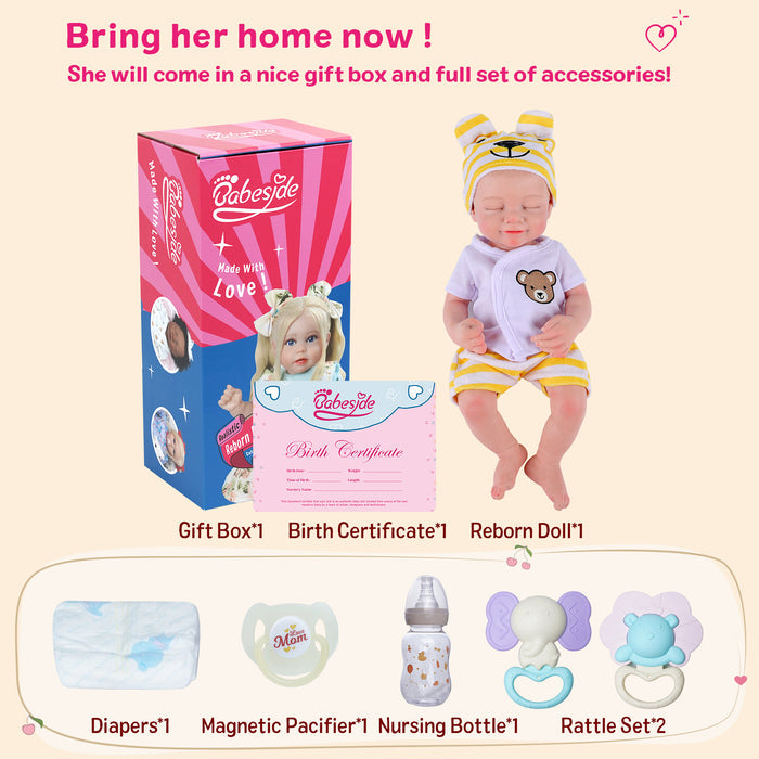 Babeside Cookie 16'' Full Silicone Reborn Baby Doll Girl Asleep Cute Bear Yellow