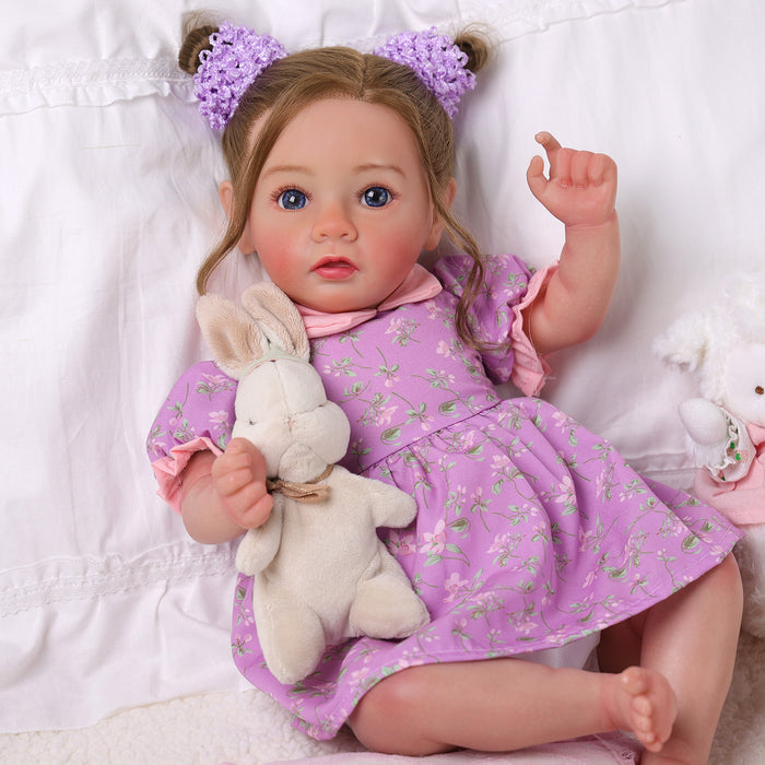 Babeside Daisy 20'' Reborn Baby Doll Girl Purple Flower Awake Long Brown Hair Lovely Lifelike
