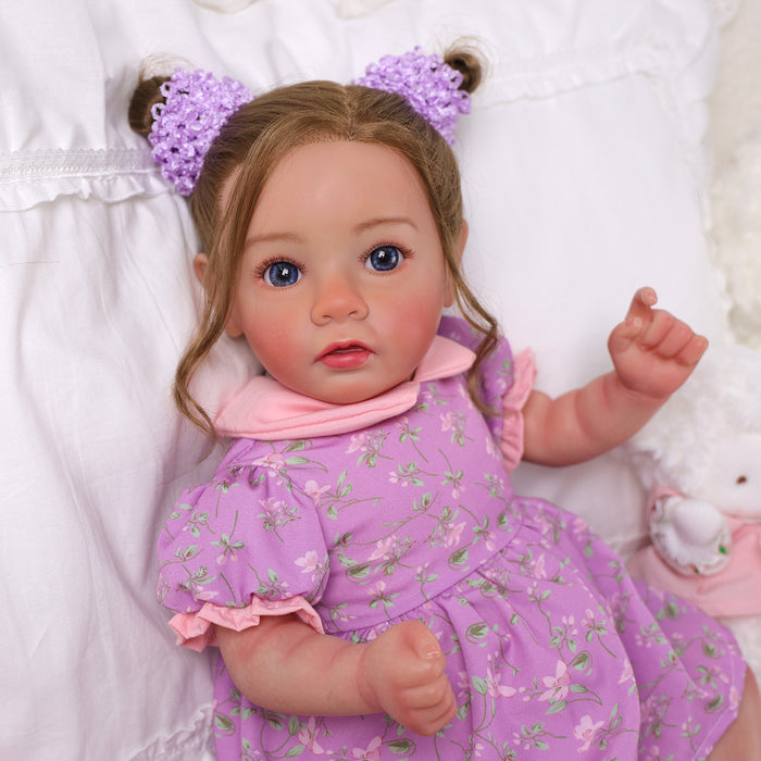 Babeside Daisy 20'' Reborn Baby Doll Girl Purple Flower Awake Long Brown Hair Lovely Lifelike