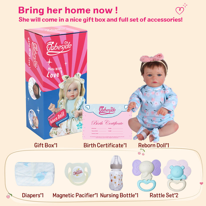 Babeside Fido 17'' Realistic Reborn Baby Doll Blue Eyes Awake Girl with Blue Crawl Suit