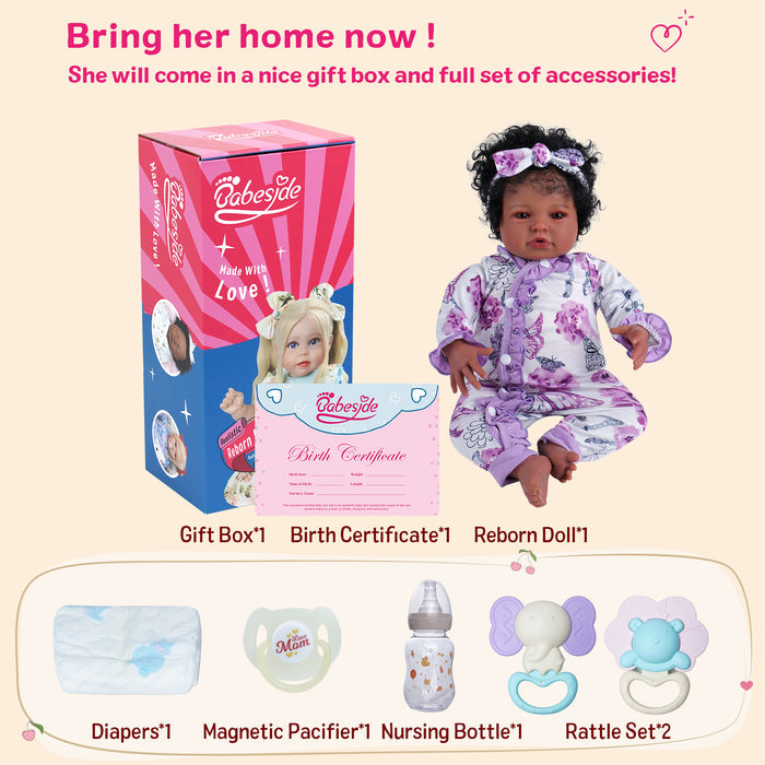 Babeside Laney 20'' Realistic Reborn Baby Doll African American Lovely Girl Purple Flowers