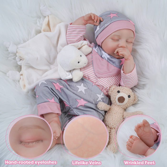 Babeside Lauren 20'' Realistic Reborn Baby Doll Sleeping Sweet Boy Star Grey Pink With Heartbeat Coos And Breath
