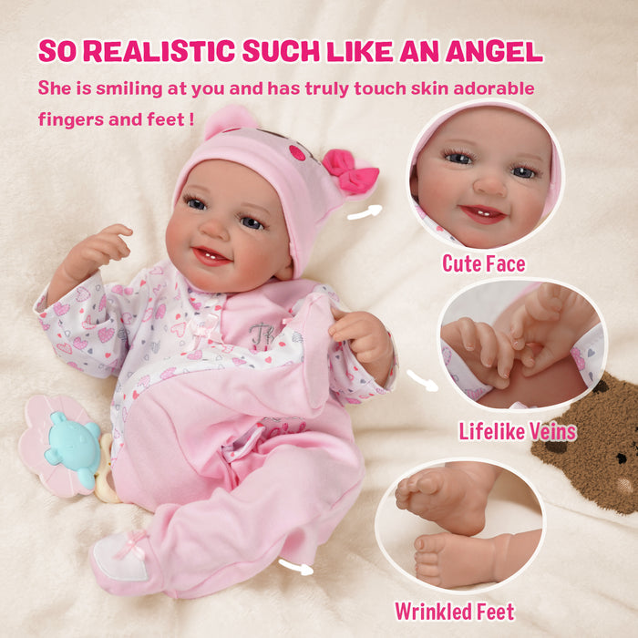 Babeside Leen 20'' Lovely Hearts Awake Newborn Baby Girl Sweet Smile Handmade lifelike Baby Girl with Feeding Kit Gift Box  for Birthday Christmas