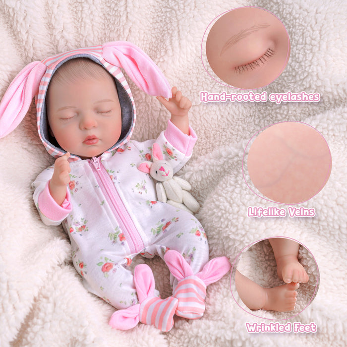 Babeside Lola 12" Reborn Baby Doll Infant Lifelike Cute Sleeping Girl Pink Rabbit