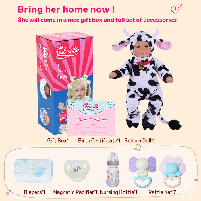 Babeside Maddy 20" Reborn Baby Doll Girl Infant Brown Eyes Milk Cow Set Awake