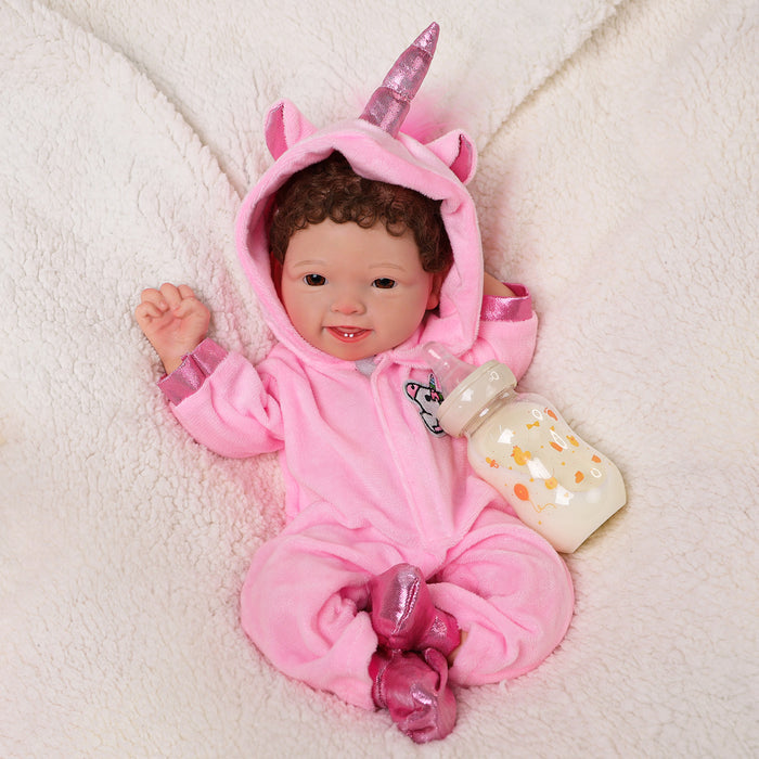 Babeside Mia 16" Full Silicone Reborn Baby Girl Awake Brown Eyes Lovely Pink Unicorn