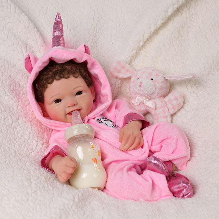 Babeside Mia 16" Full Silicone Reborn Baby Girl Awake Brown Eyes Lovely Pink Unicorn