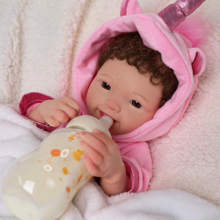 Babeside Mia 16" Full Silicone Reborn Baby Girl Awake Brown Eyes Lovely Pink Unicorn